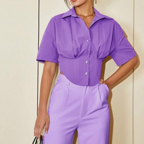 Purple Casual Womens Solid Drop Shoulder Button Front Shirt - Picture 3 of 5